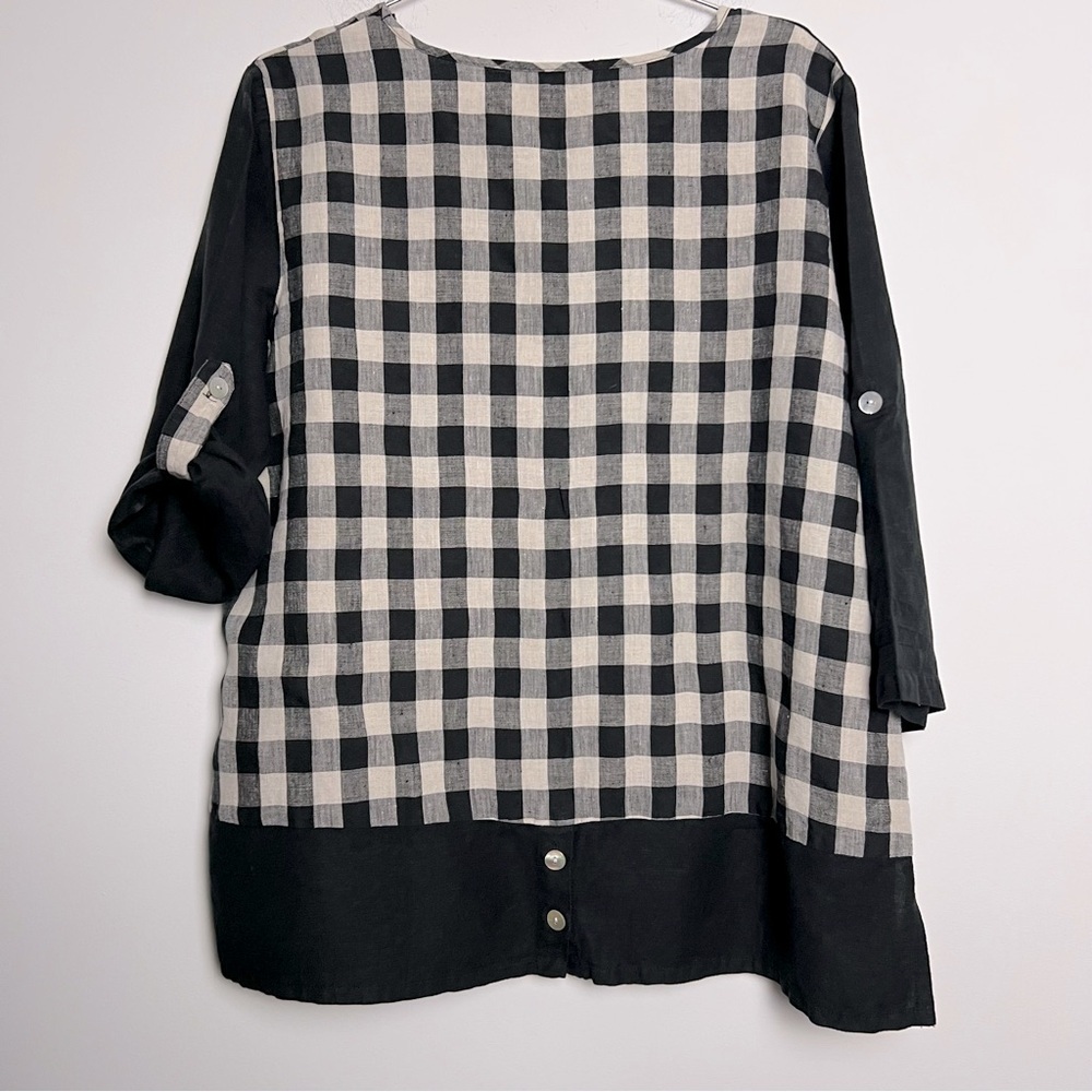 Toofan 100% Linen Black and Natural Checkered Block Print Lagenlook Artsy Top - Picture 7 of 11